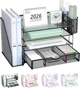 WALI Desk File Organizer, 4 Tier Desktop Paper Letter Tray Organizer with Drawer and 2 Pen Holders, Office Desk Accessories & Workspace Organizers for Office, Home Supplies(DO005DH-B), 1 Pack, Black