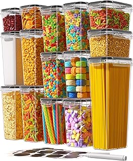 Airtight Food Storage Containers with Lids, 15 PCS Kitchen and Pantry Organization Canisters, BPA-Free, PVC-Free, Food-grade Plastic Leak-proof Jars for Cereal, Flour, Sugar, Extra 24 Labels & Marker