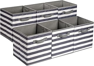 Amazon Basics Collapsible Fabric Storage Bins with Handles, Cube Organizer for Home Organization, 10.5"x10.5"x11", White/Light Grey Stripe, 6-Pack